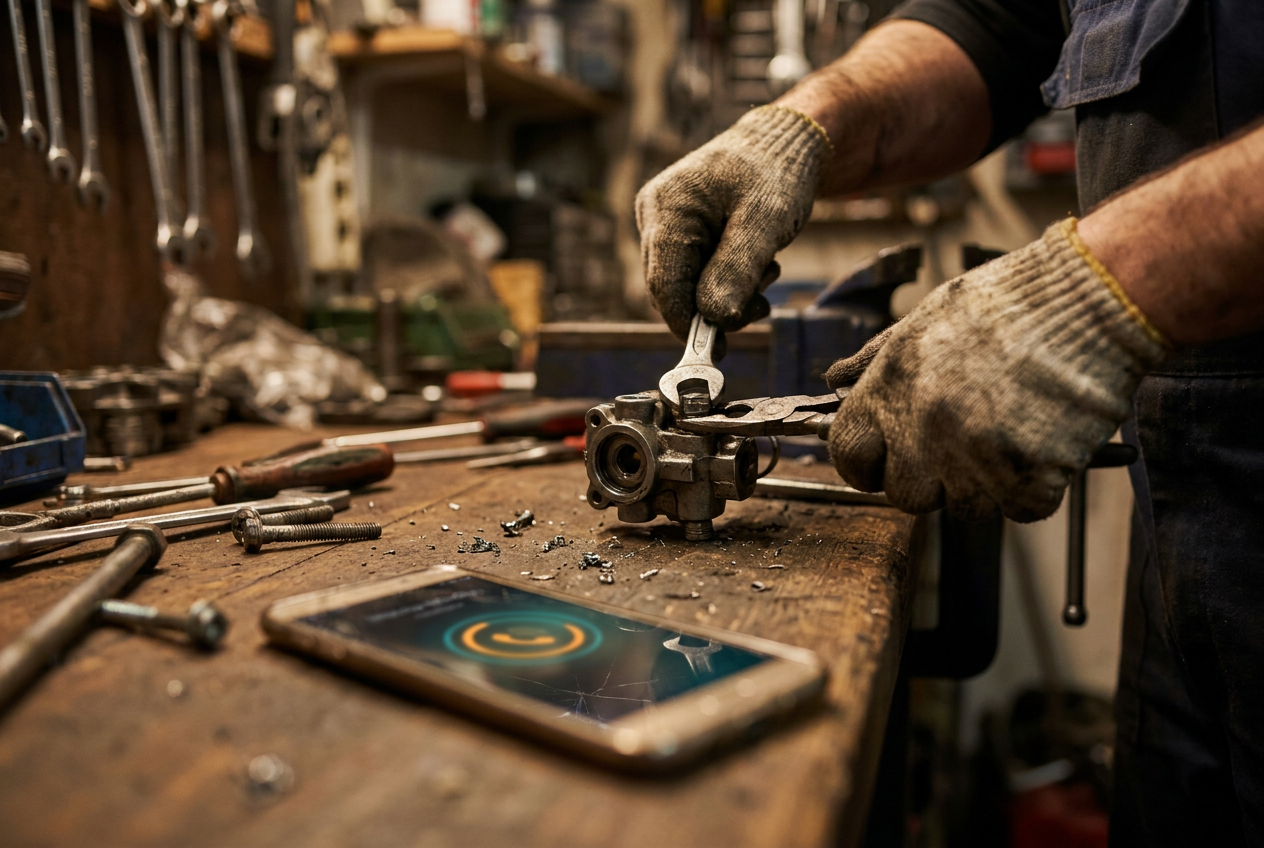 Handen van een vakman aan het werk op een werkbank terwijl een telefoon ernaast oplicht met een inkomende oproep