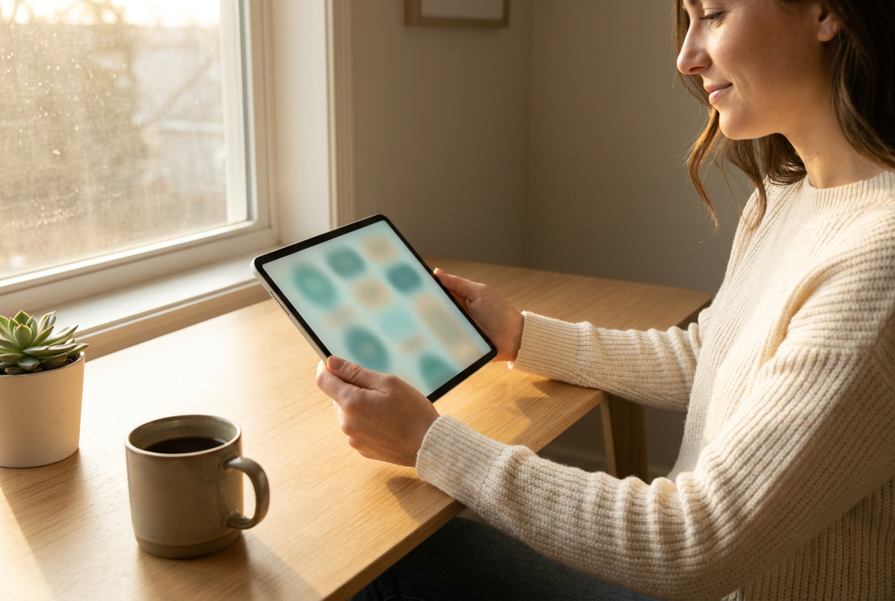 Onderneemster kijkt rustig op een tablet met een overzichtelijke planning, met koffie en een plant op een licht bureau