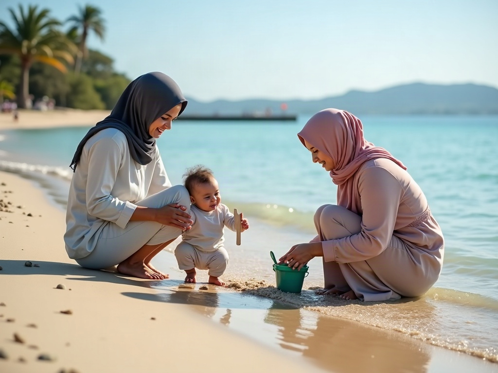 Infographic illustrating toddler-friendly activities at a lagoon beach across different age groups