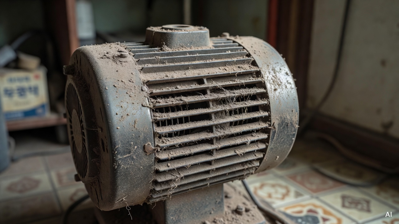 close-up of dusty fan motor housing with visible dust buildup in ventilation slots