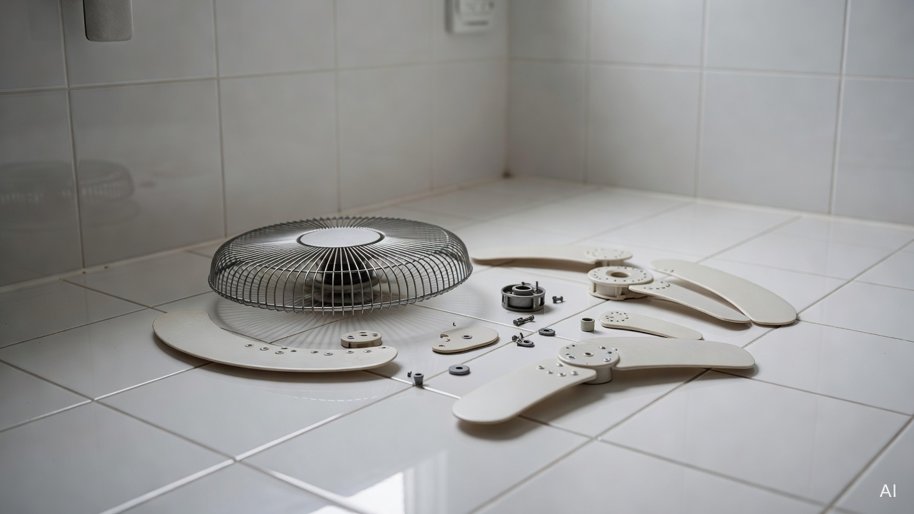disassembled fan parts including blades and cover laid out on white bathroom tiles