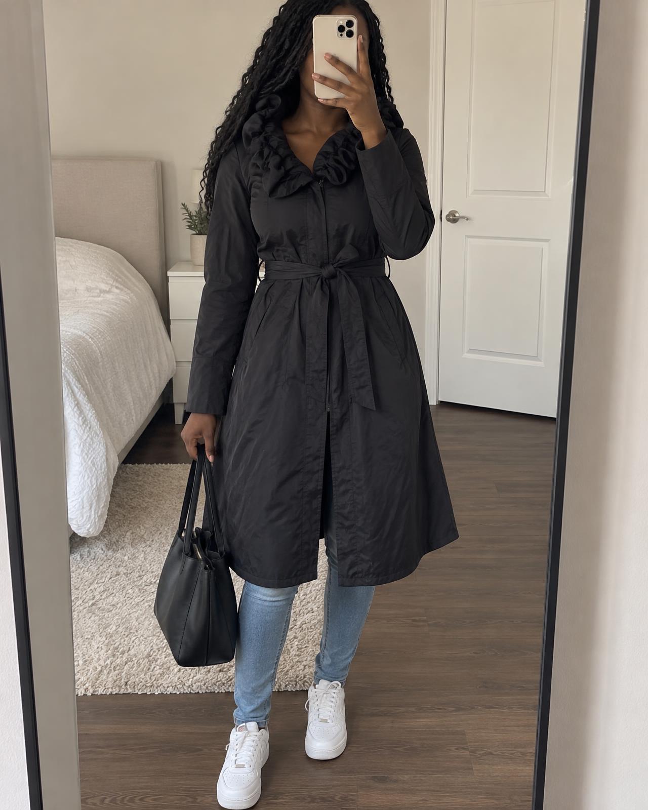 Mexx black longline hooded coat with patterned lining, size 44