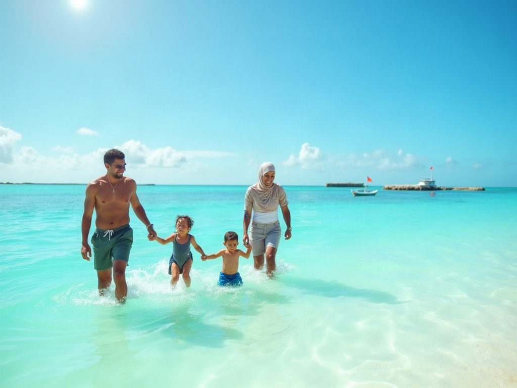 Infographic illustrating how reefs, coves, and peninsulas create calm, protected bay conditions ideal for family vacations with wave-free swimming.