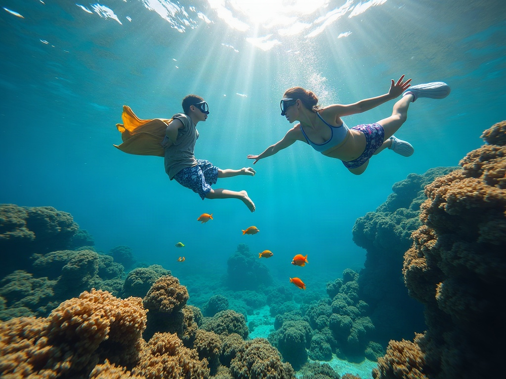 Photo showcasing non-aggressive marine life such as parrotfish and sea turtles commonly found in protected bay destinations suitable for family vacations.