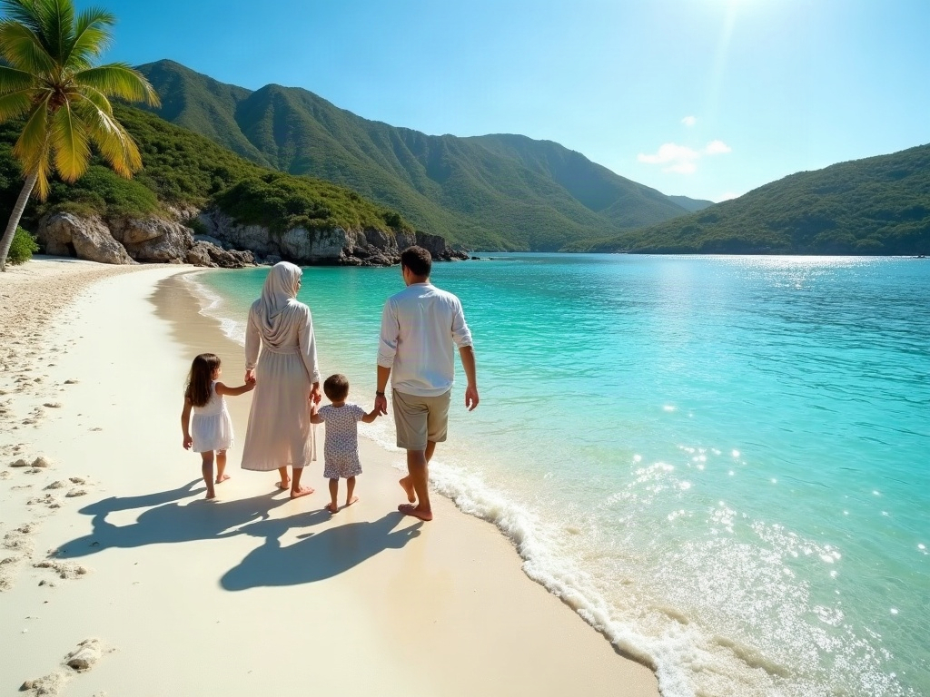 Panoramic photos of Trunk Bay, Oludeniz, and Jervis Bay, showcasing their calm waters and family-friendly appeal.