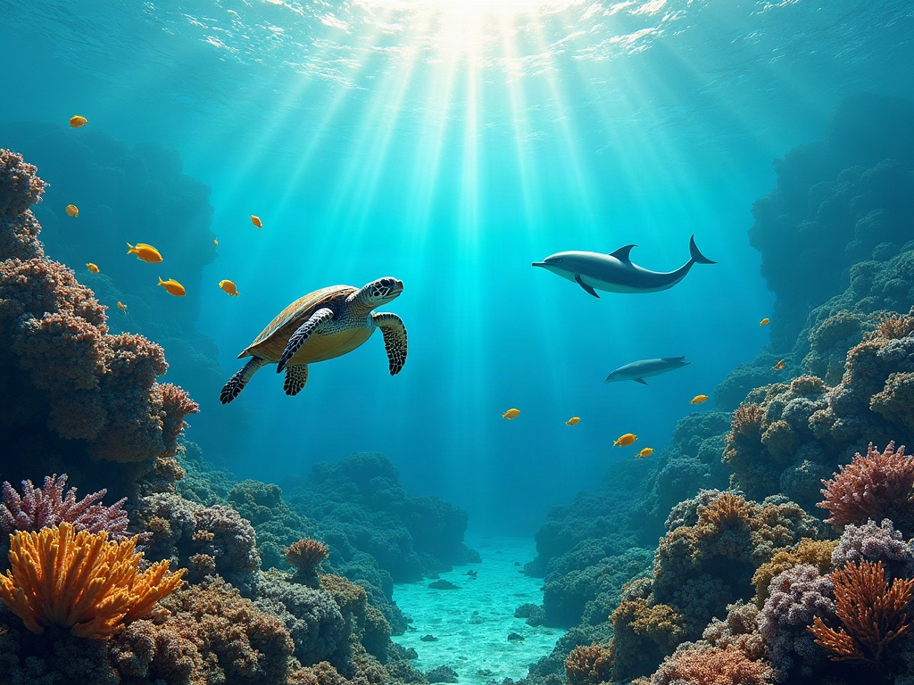 Photo collage showing various marine animals like fish, dolphins, and sea turtles, representing diverse encounters.