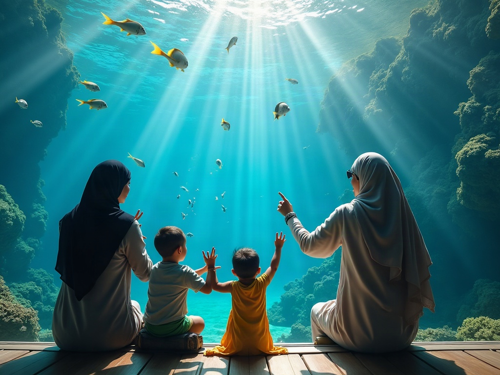 Family on a boat observing marine wildlife, exemplifying a family vacation.