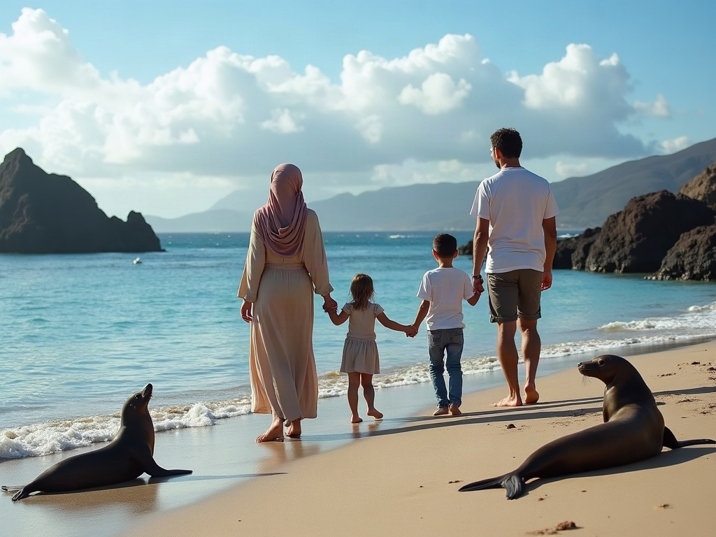 A serene, shallow beach with clear water, perfect for young children to observe marine life.