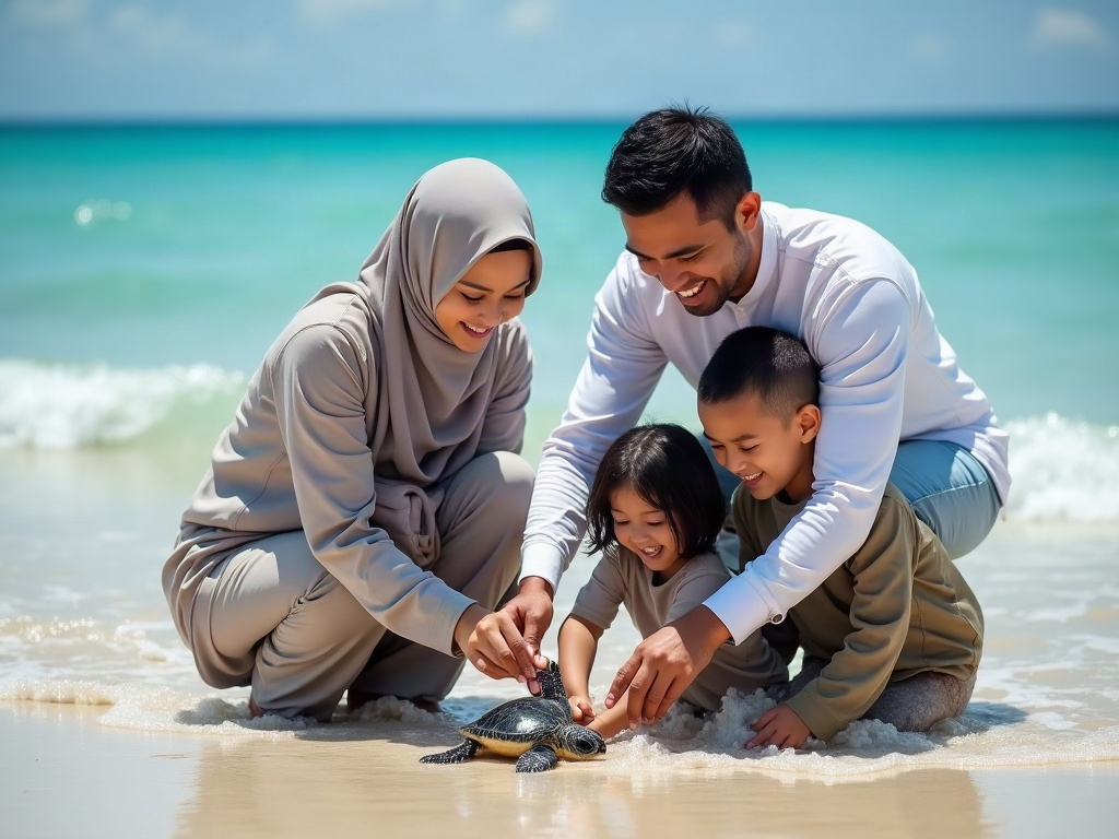 A family snorkeling in clear waters with sea turtles, illustrating a joyful and safe viewing experience.