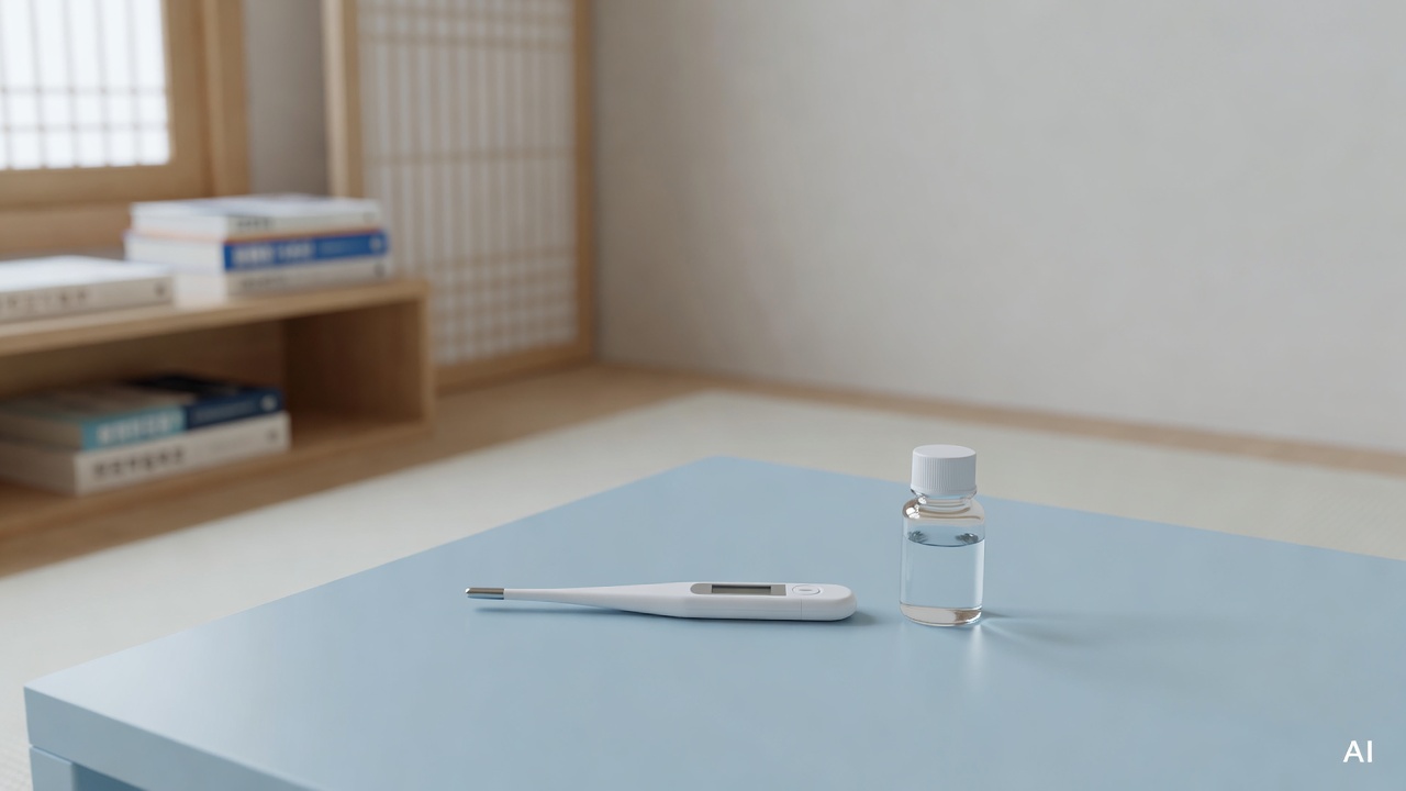 white digital thermometer and small medicine bottle on a pastel blue surface