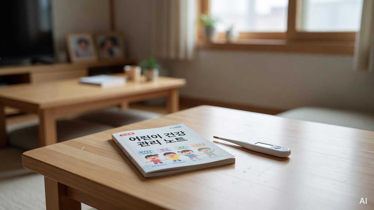 child healthcare booklet and thermometer placed on a light wooden table