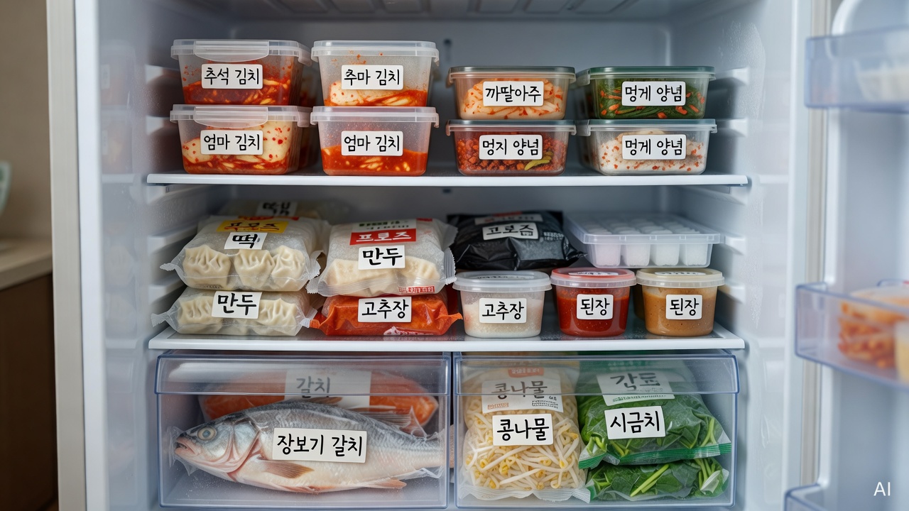 various labeled food containers organized inside a freezer