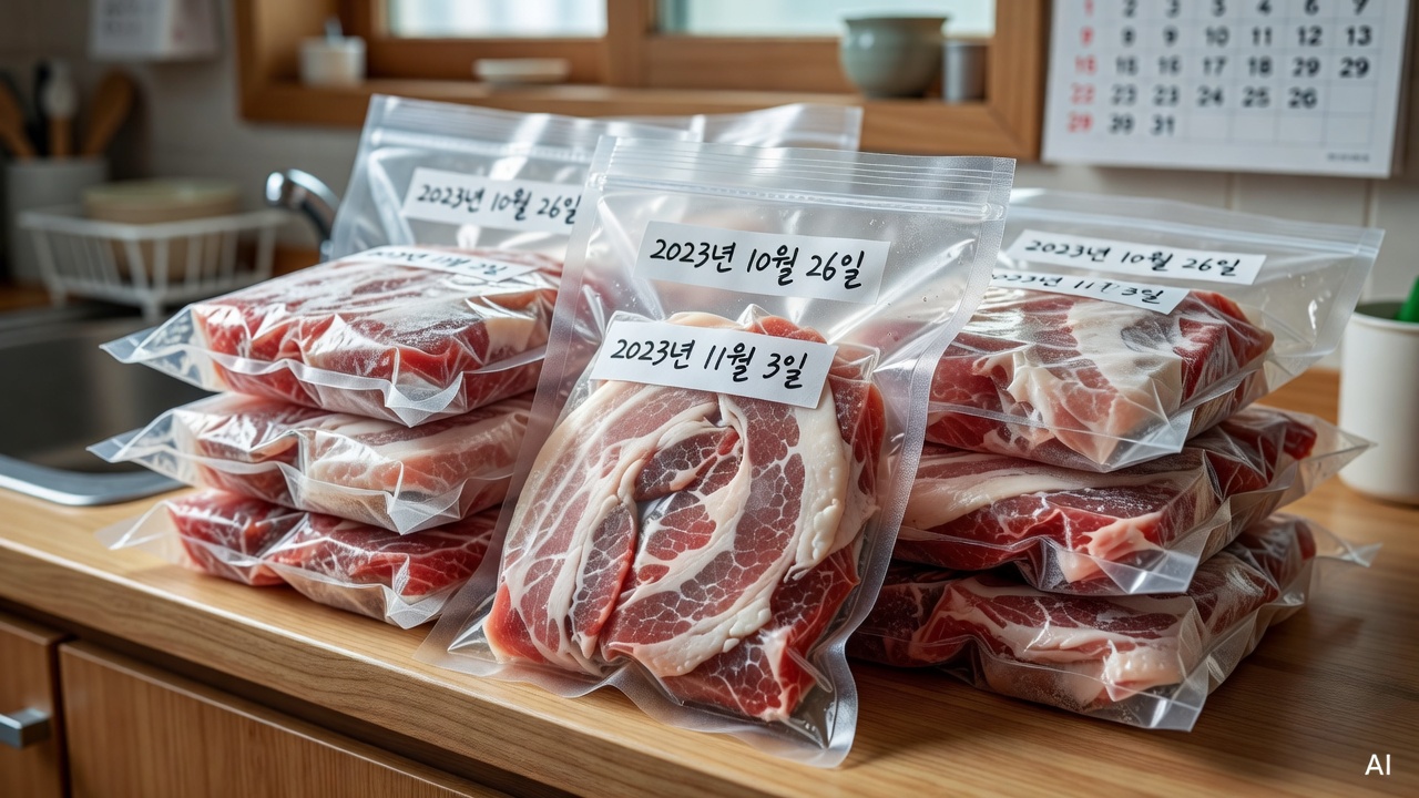 close-up of frozen meat portions in zip-lock bags with handwritten date labels
