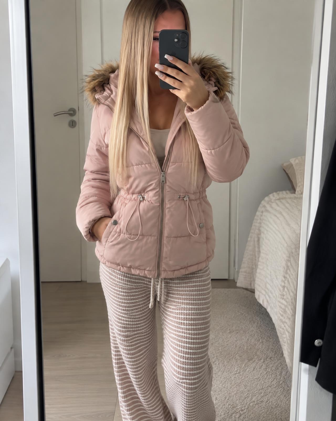Blush Pink Padded Parka Jacket with Faux Fur Hood