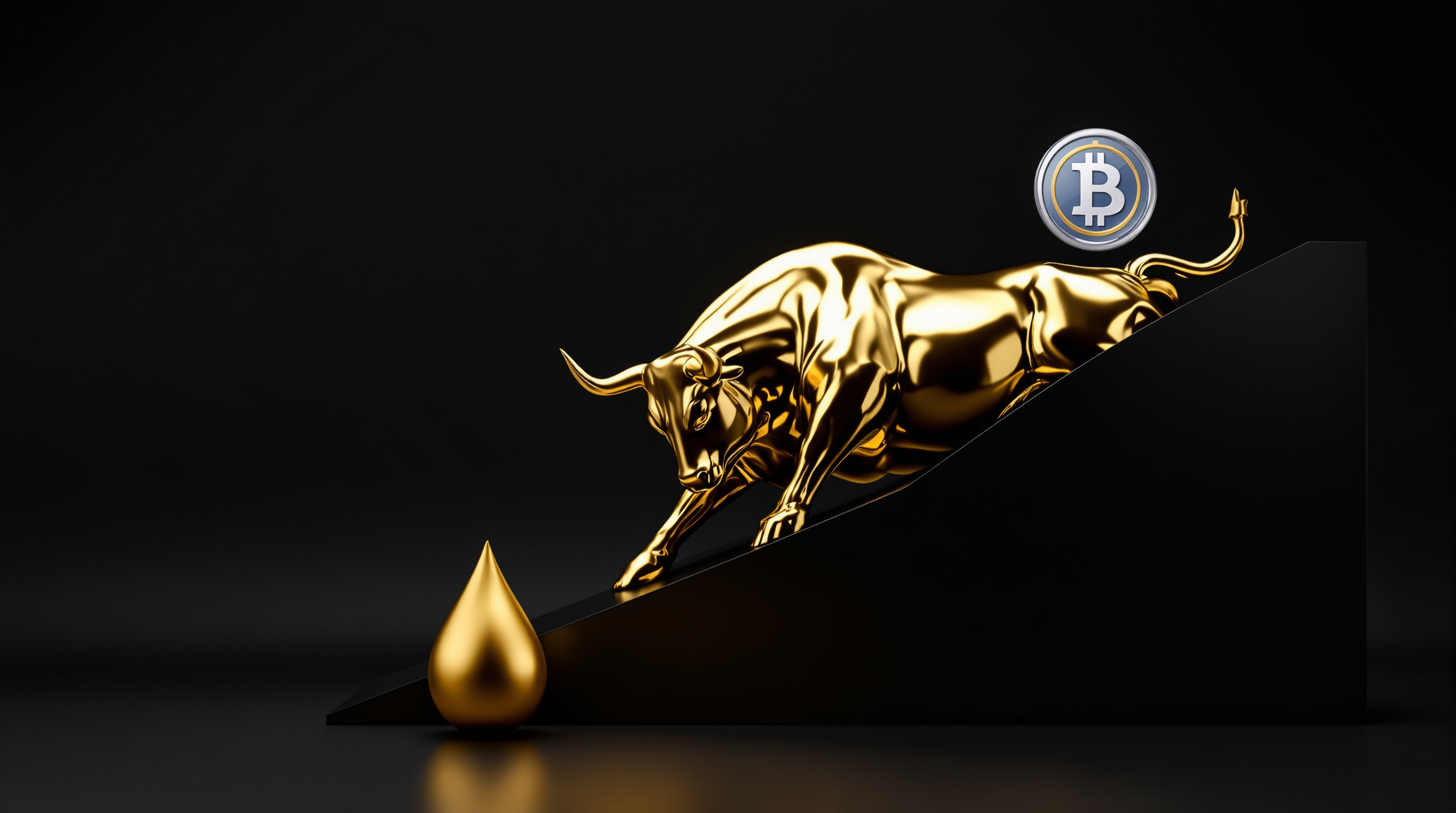 polished gold bull sculpture on a matte black reflective ramp, a muted gold teardrop (oil) resting low in the foreground, and a small silver-blue abst — editorial cover artwork for the Knightron story on Stocks Rally As Soft Jobs Data Tempers Fed Hike Bets; Bitcoi