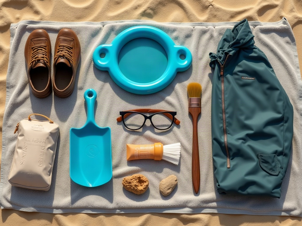 Detailed infographic of essential gear for fossil hunting and shelling. Alt-text must include Maximize Fossil Hunting and Shelling Family Vacation Experiences.