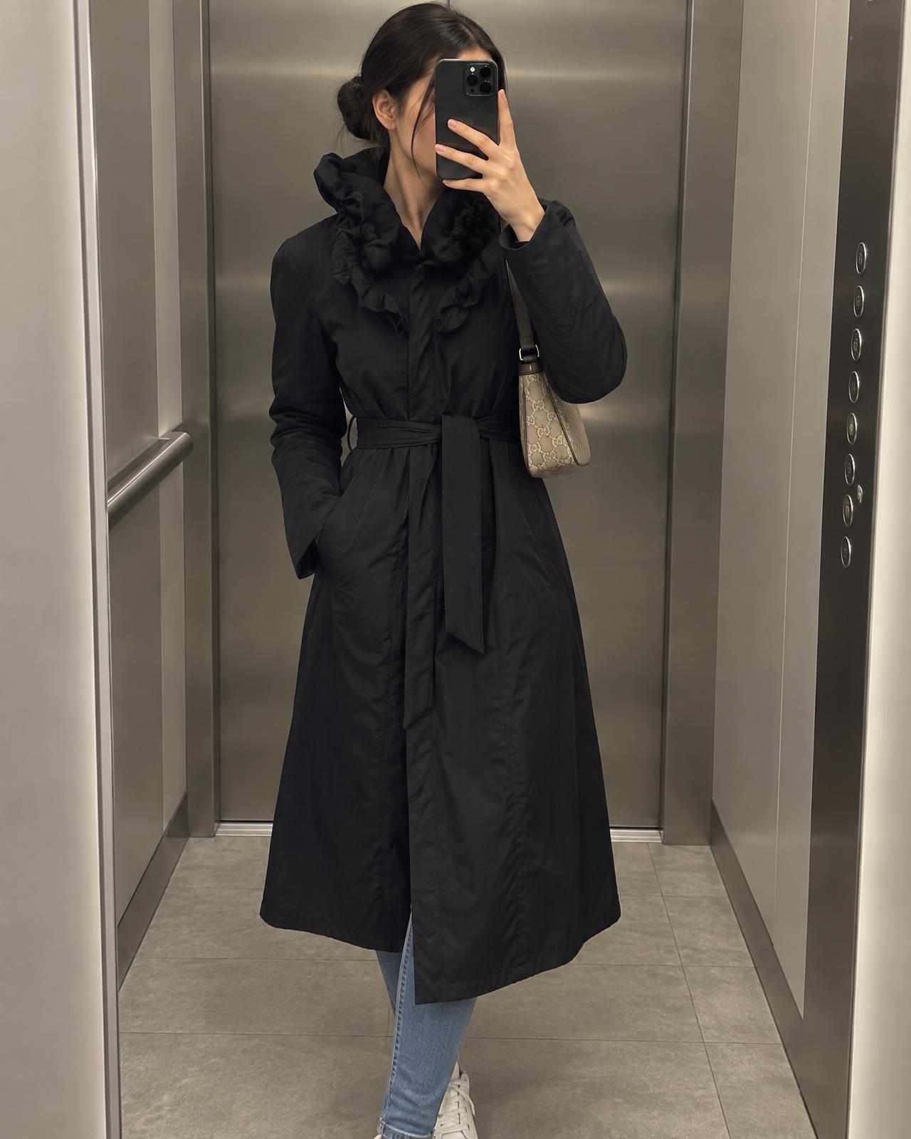 Black Long Hooded Lightweight Coat with Patterned Lining