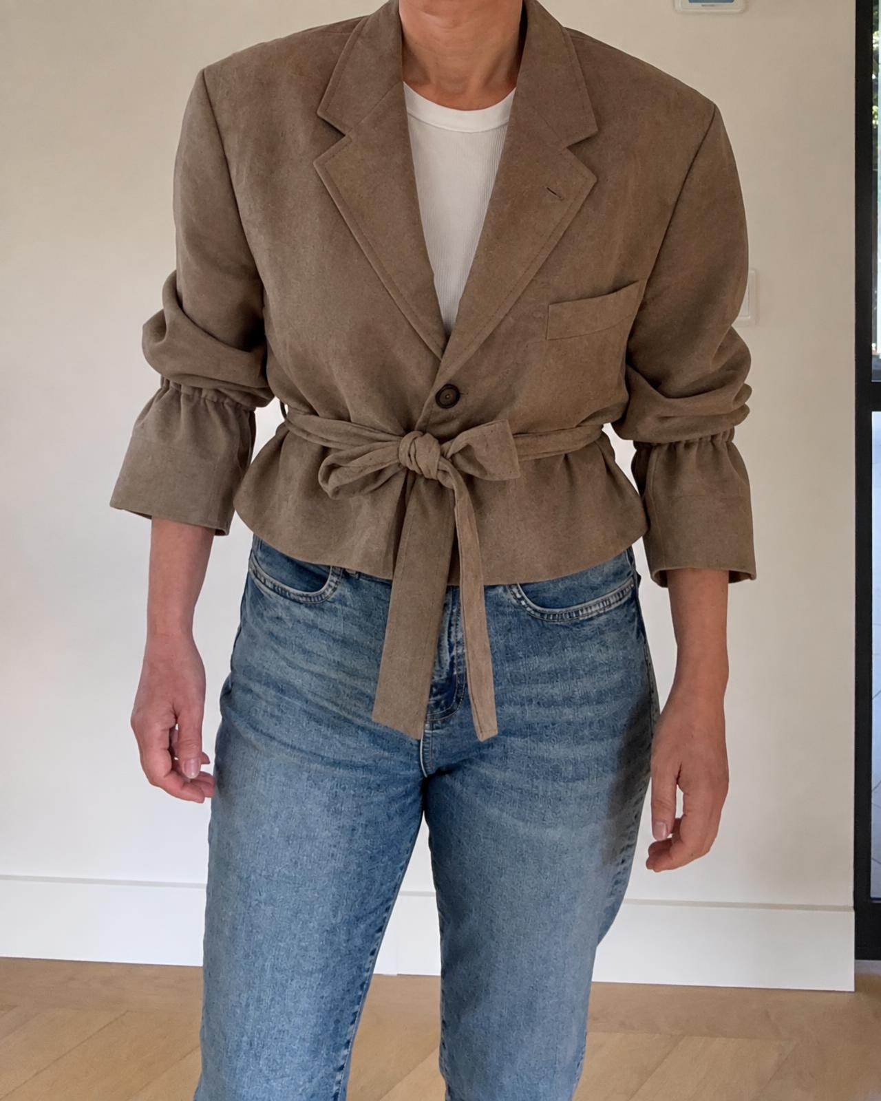 Taupe Faux Suede Tie-Waist Blazer with Flared Hem