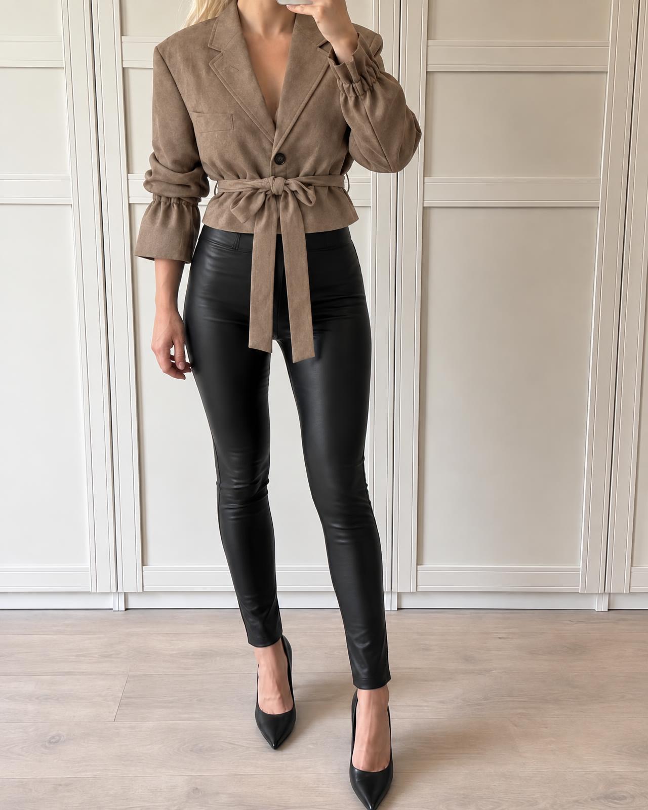 Taupe Suede-Look Belted Blazer with Rolled Sleeves