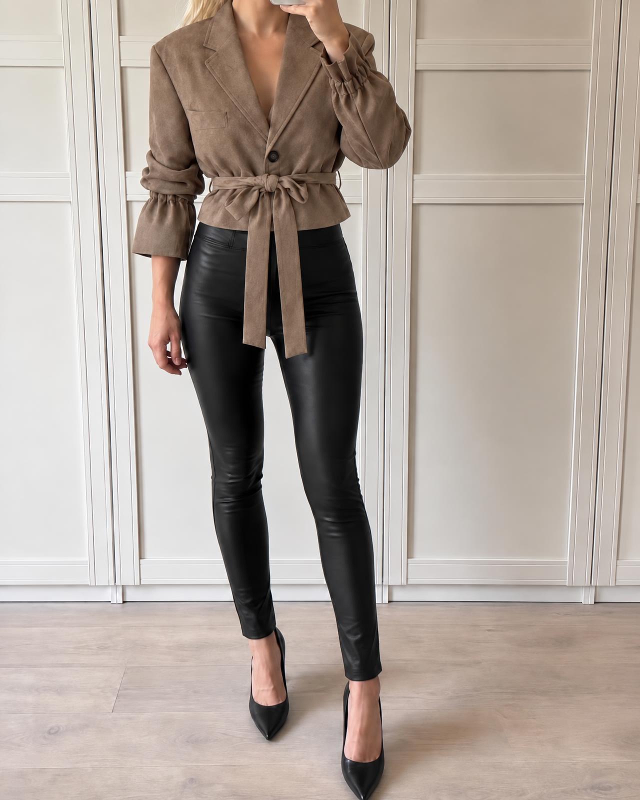 Taupe tie-waist blazer jacket with notched lapels
