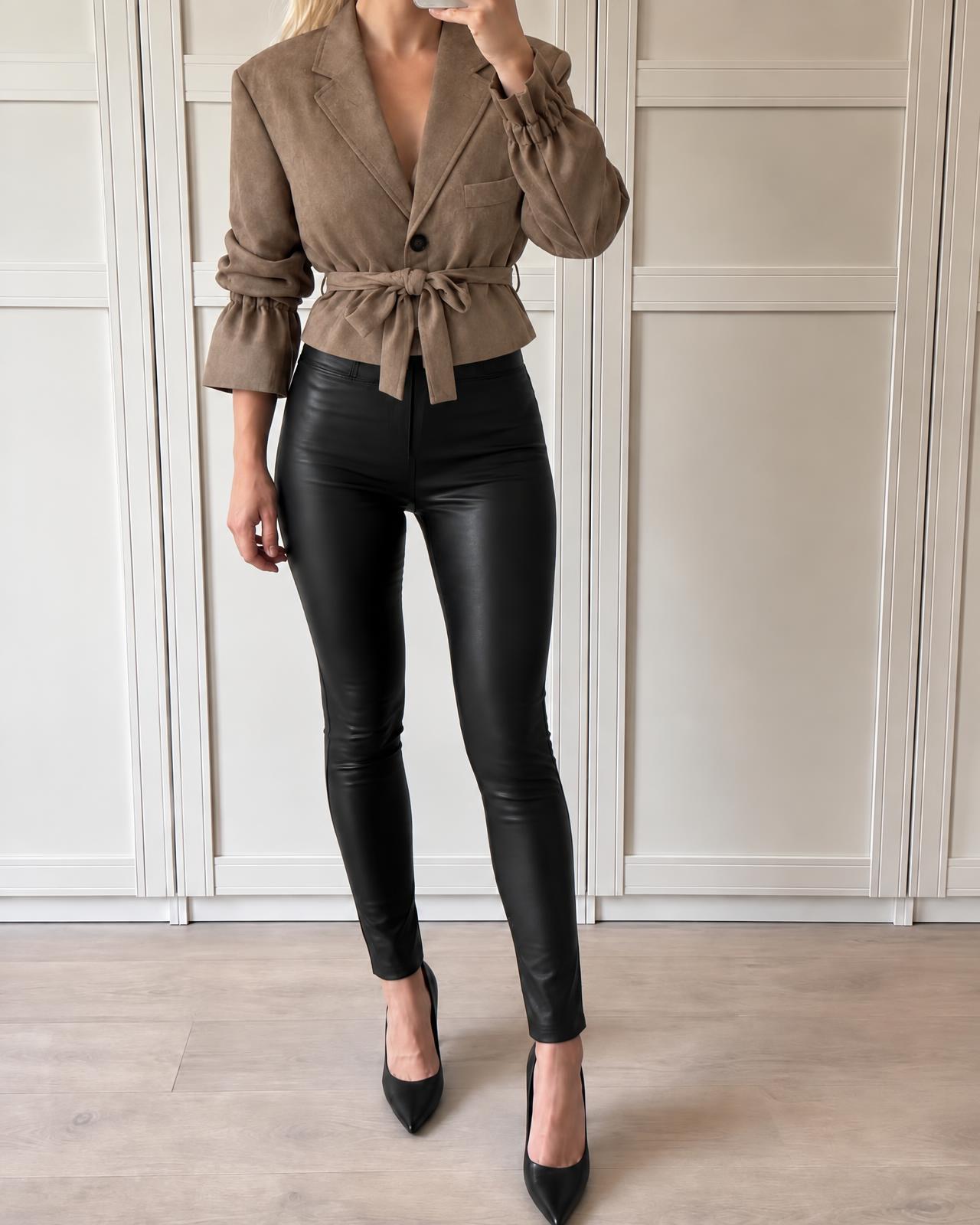 Taupe suede-effect belted blazer with rolled sleeves