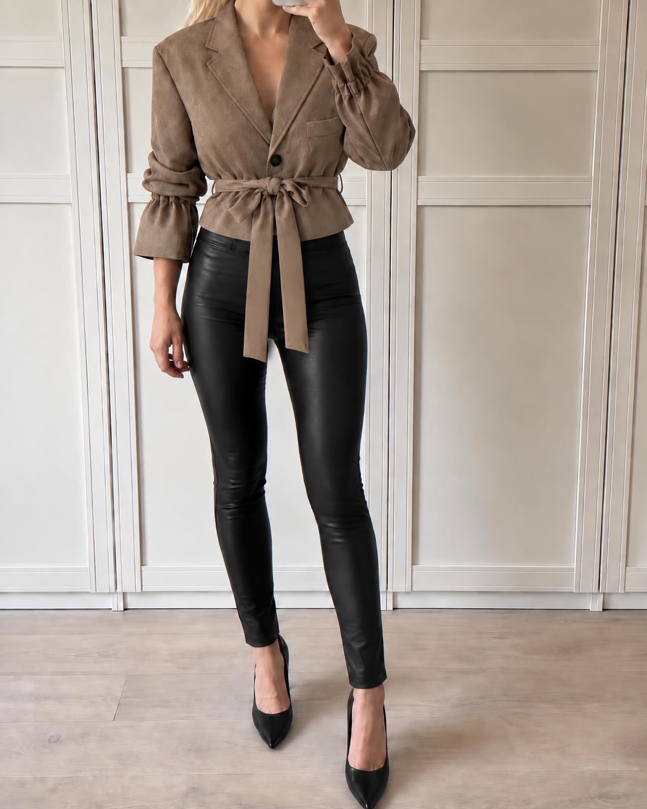 Taupe Suede-Look Belted Blazer with Statement Sleeves