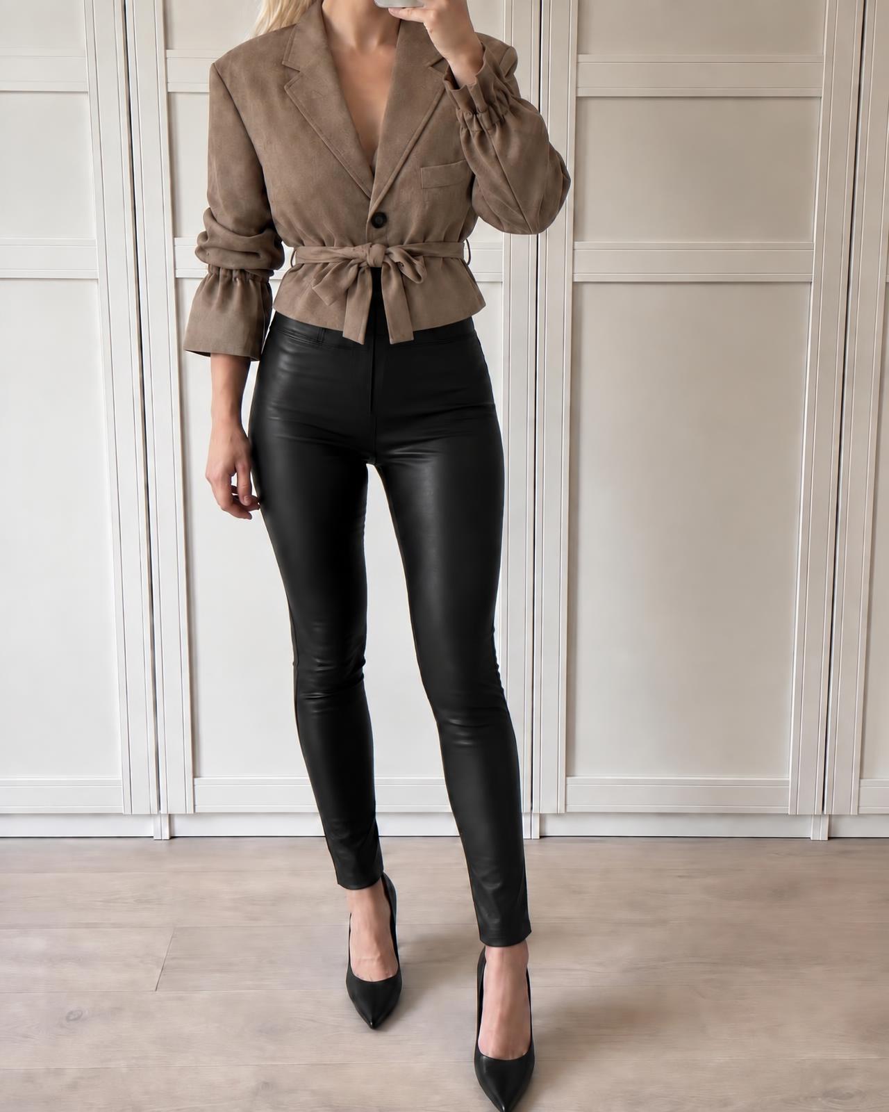 Taupe Tie-Waist Blazer with Ruched Sleeves