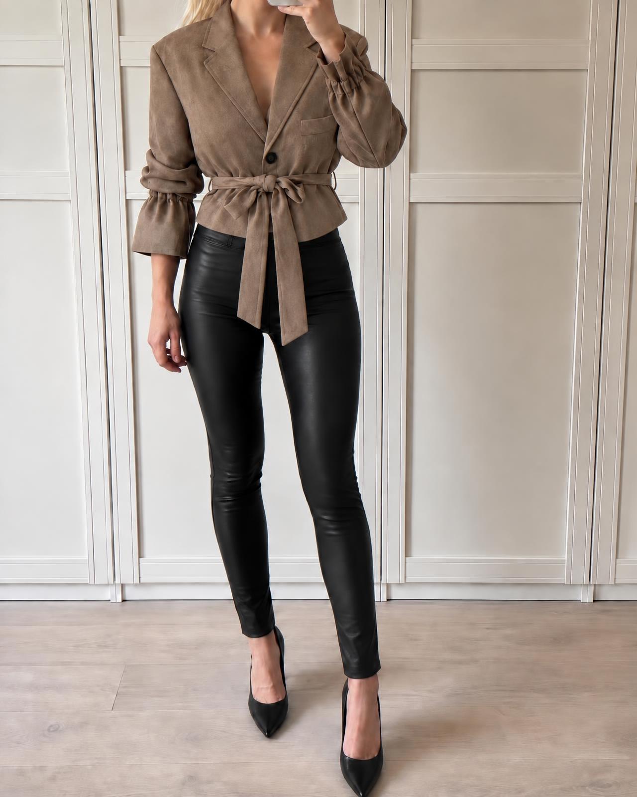 Taupe Suede-Effect Belted Blazer with Gathered Sleeves