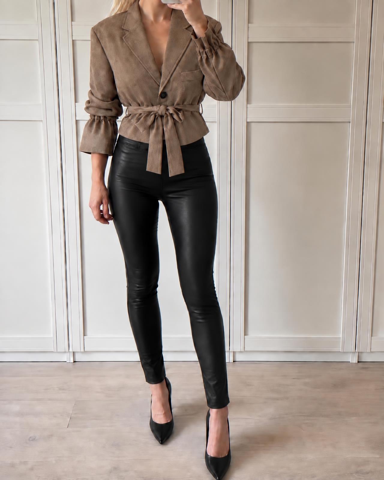Taupe Suede-Effect Tie-Waist Blazer with Ruched Sleeves