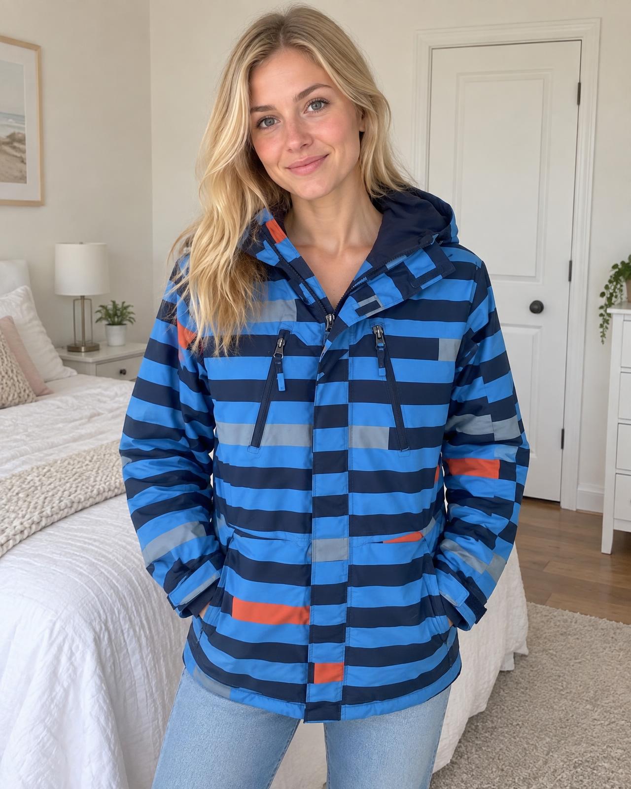 Striped Hooded Jacket Blue Black Outdoor Style Very Good