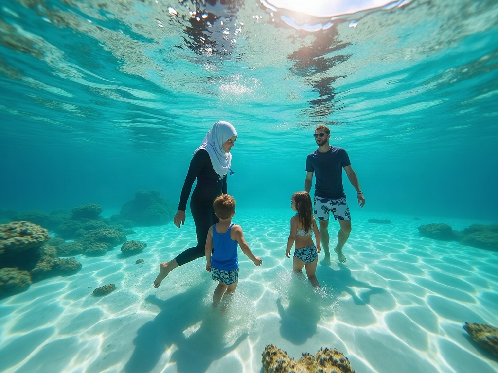 Family snorkeling together in a shallow, calm turquoise lagoon with vibrant coral reefs visible beneath the clear water, illustrating accessibility and safety for young children.