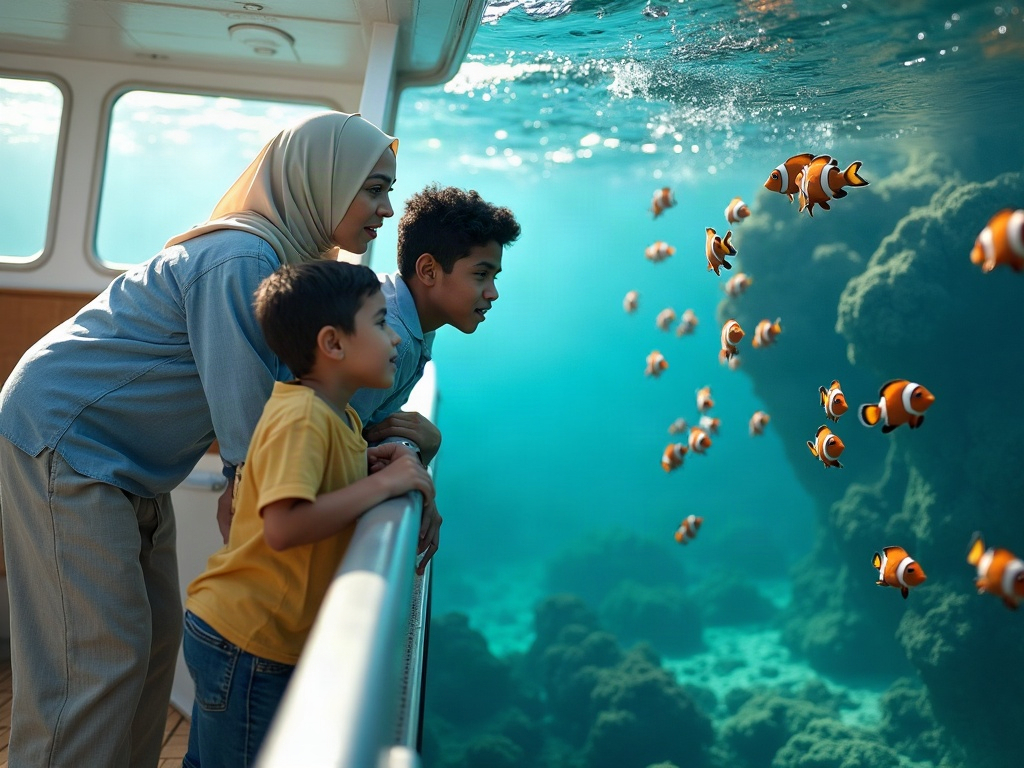 A family, a mother, father, and two children, gather around a tablet displaying a comparison chart of coral reef destinations, actively discussing and making choices for their next vacation.