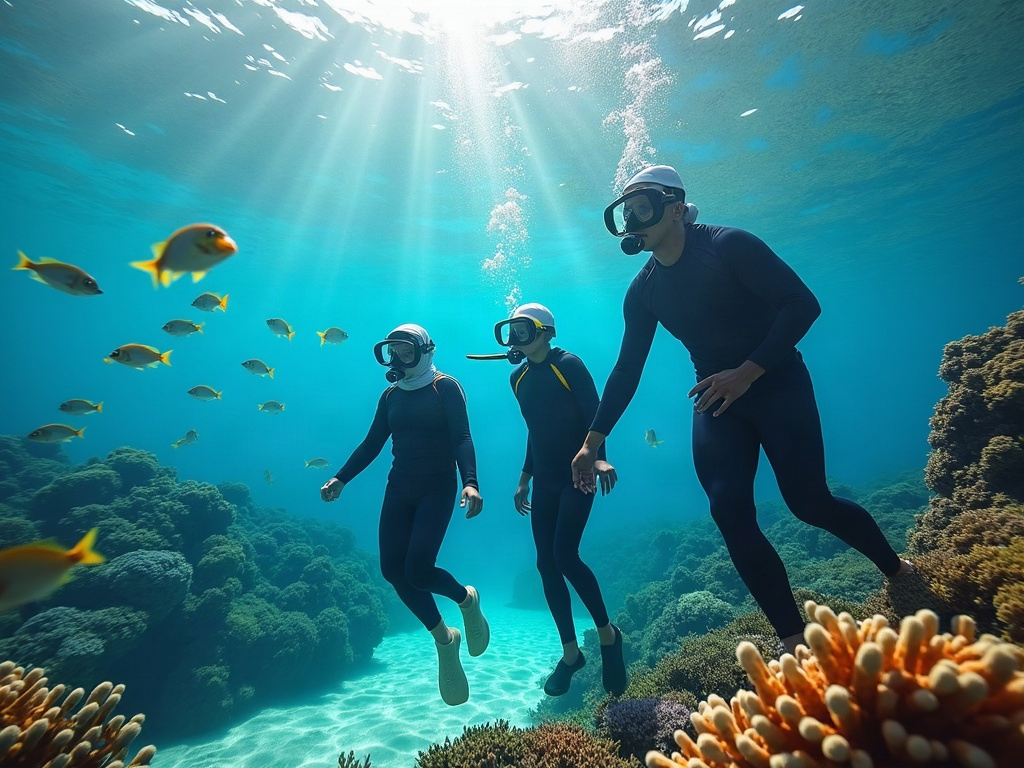 A clear warning sign posted at a beach entry point to a coral reef, depicting symbols for 'do not touch coral', 'do not stand on coral', and 'use reef-safe sunscreen', emphasizing environmental protection and safety precautions.