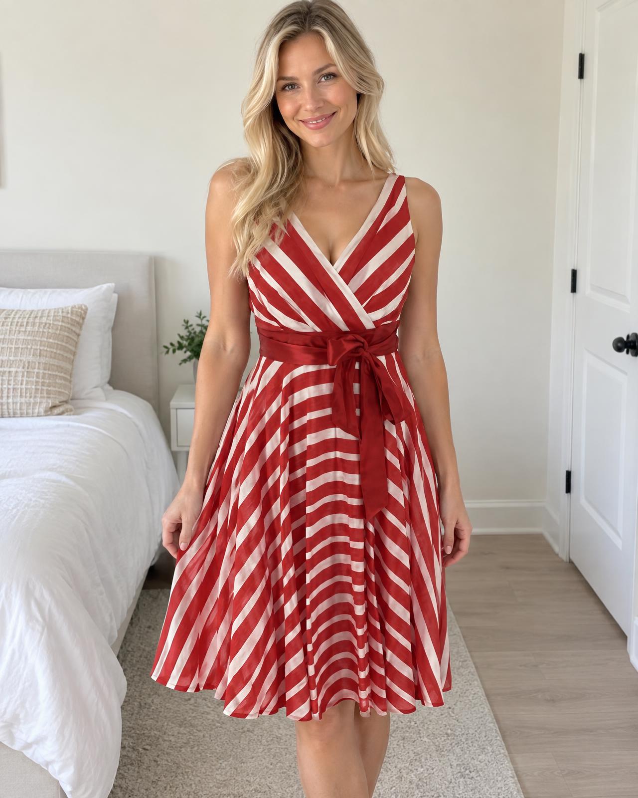 Red & White Striped Wrap Midi Dress with Tie Waist