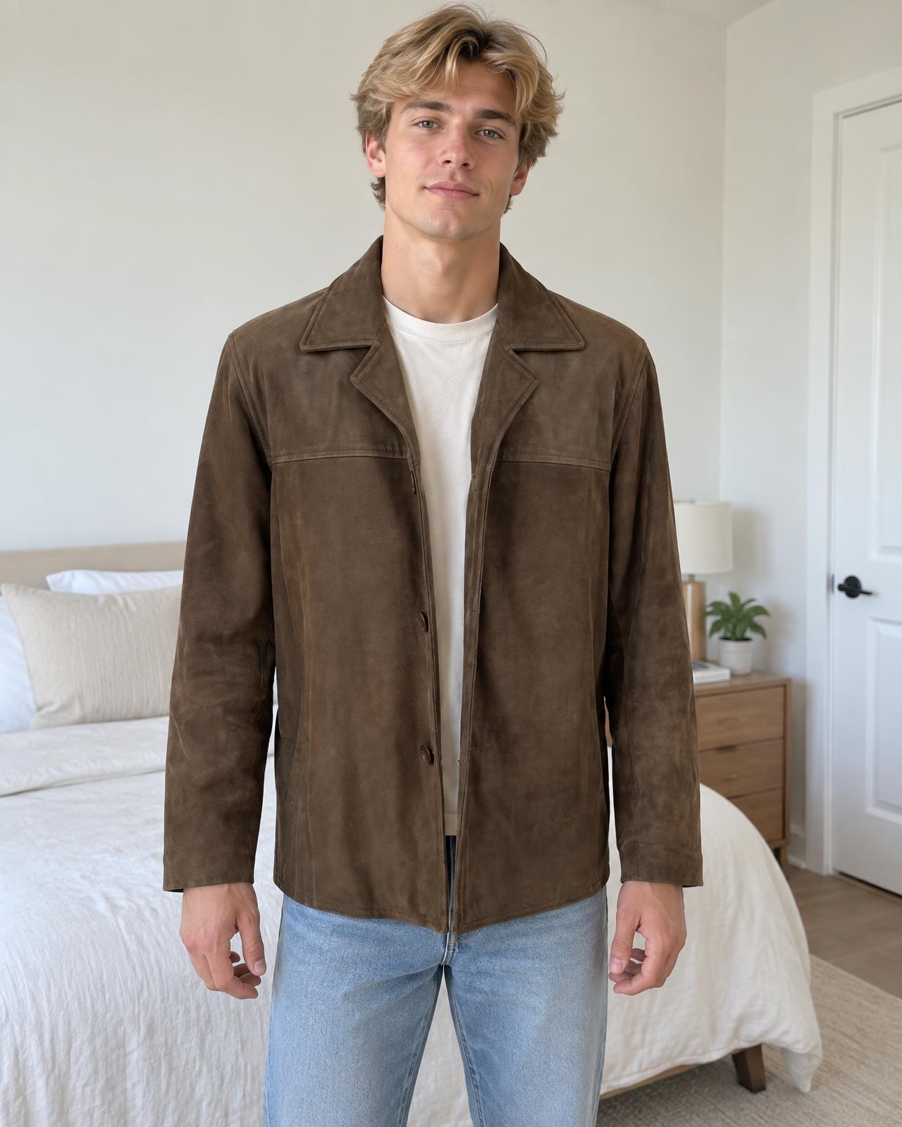 Brown leather blazer jacket with chest pockets – very good