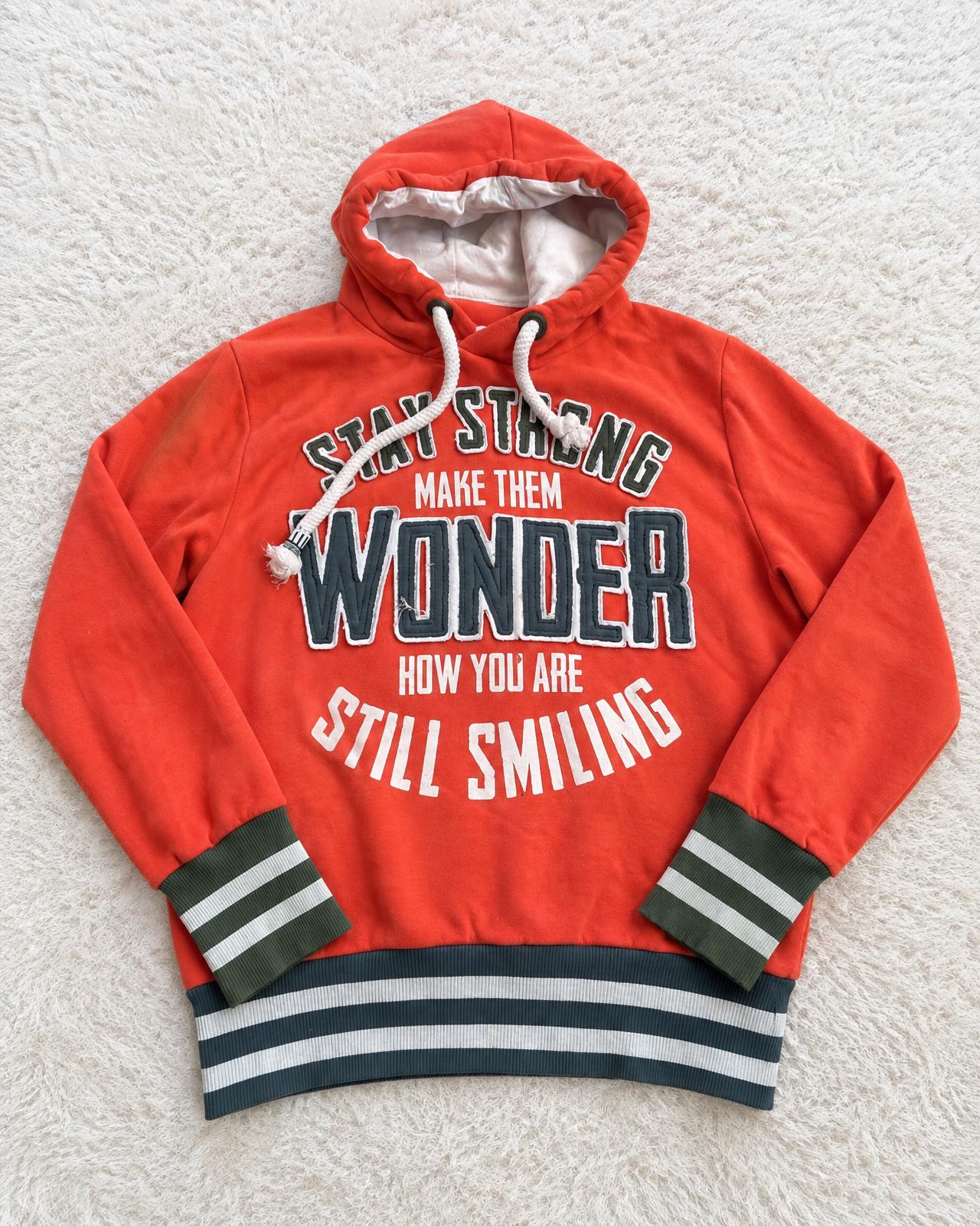 Red Graphic Pullover Hoodie with Striped Cuffs