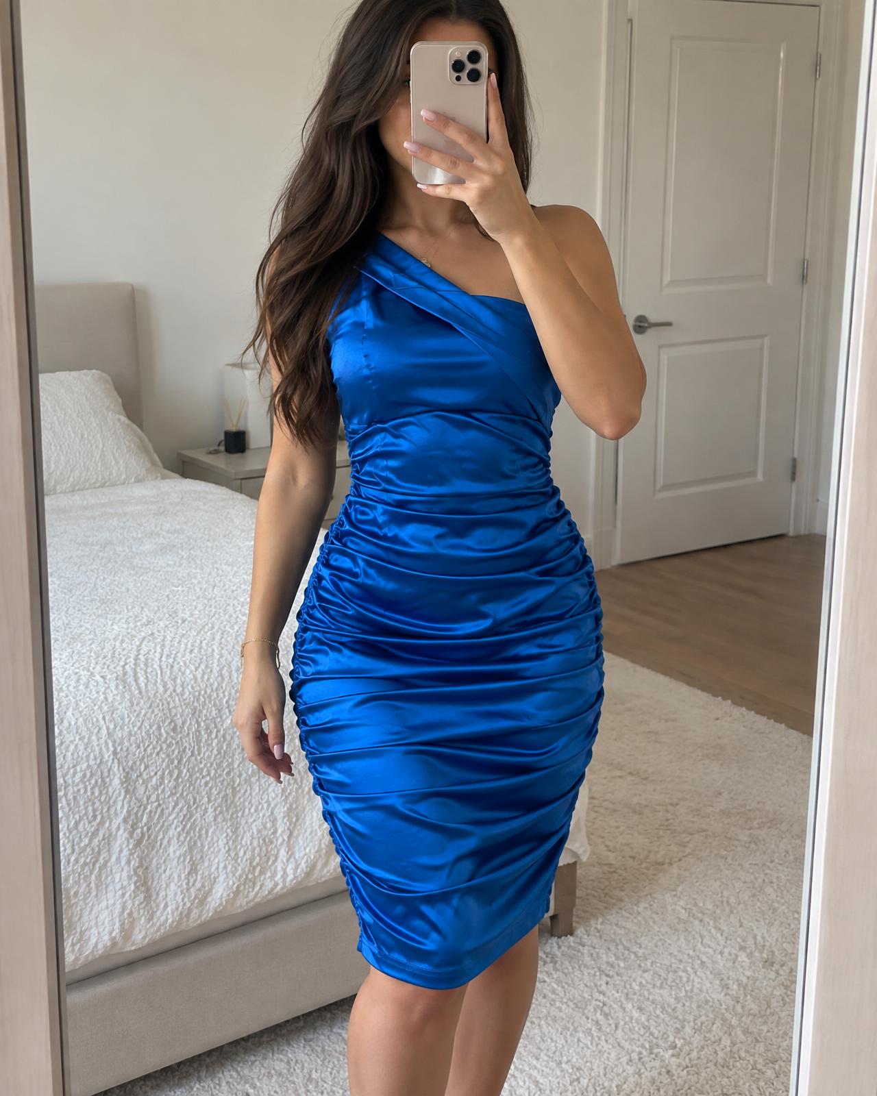 Electric Blue Ruched Satin-Look One-Shoulder Mini Dress