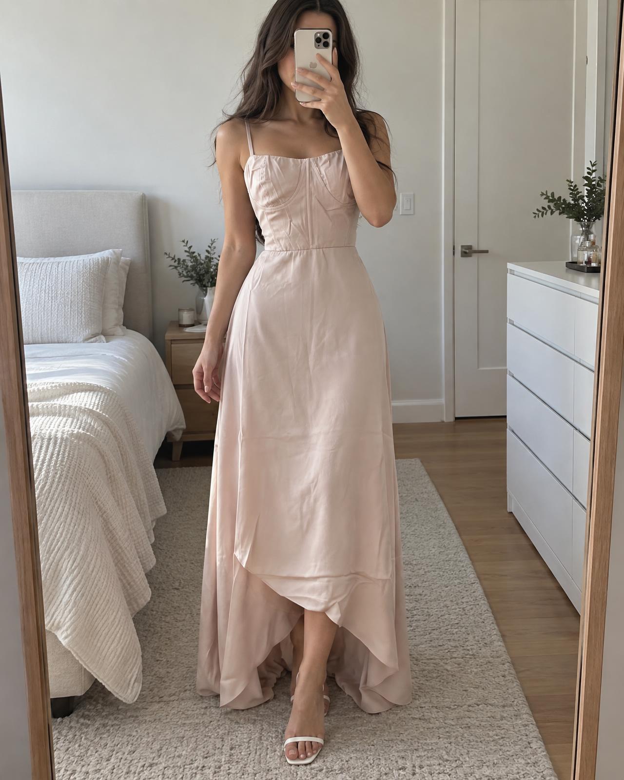 Ivory Satin-Feel Maxi Dress with Ruched Bust & Asymmetric Hem
