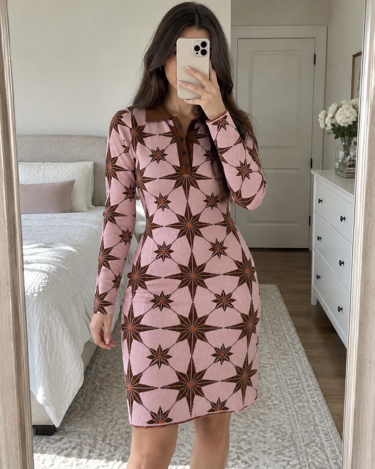 Motel Pink Brown Patterned Collared Knit Mini Dress New