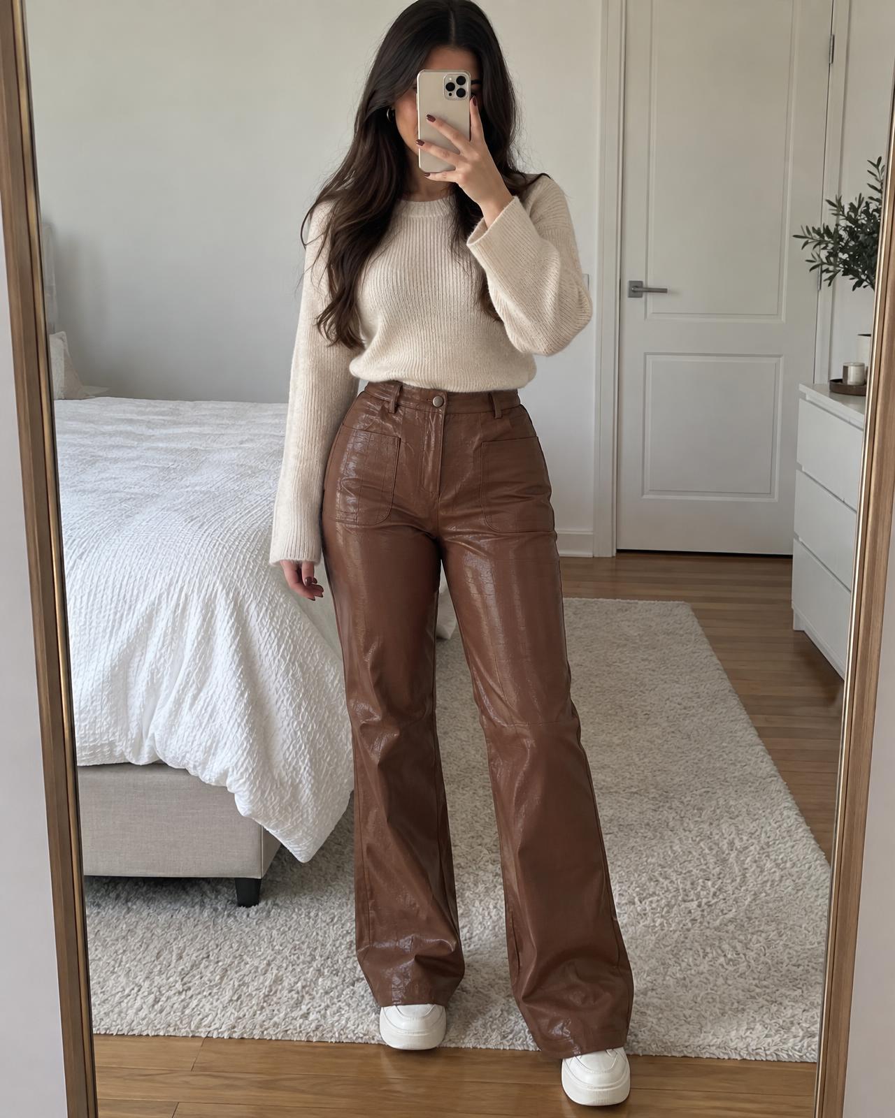 Bershka brown faux leather cargo trousers with patch pockets new