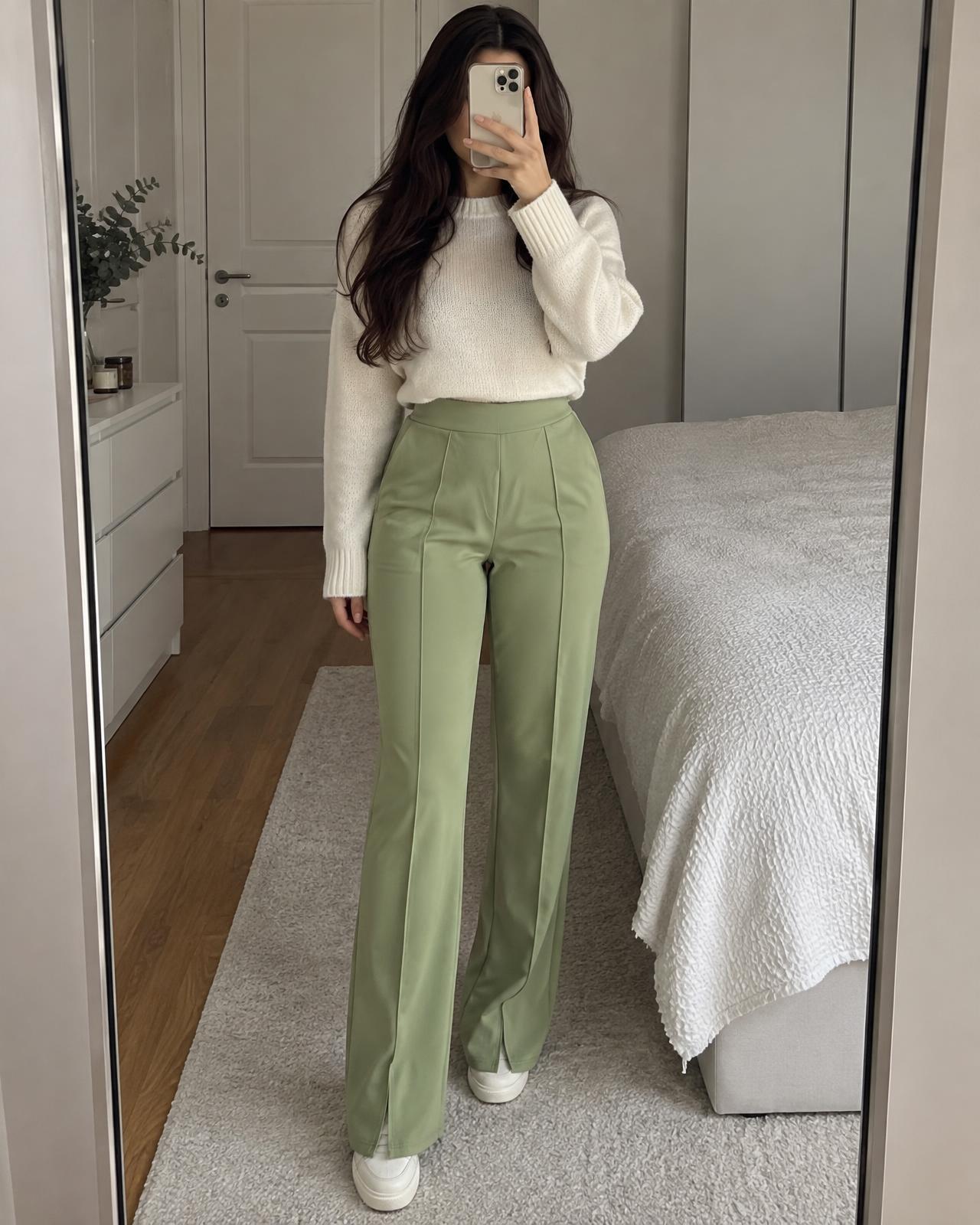 Sage Green High-Waisted Split-Hem Trousers New With Tags
