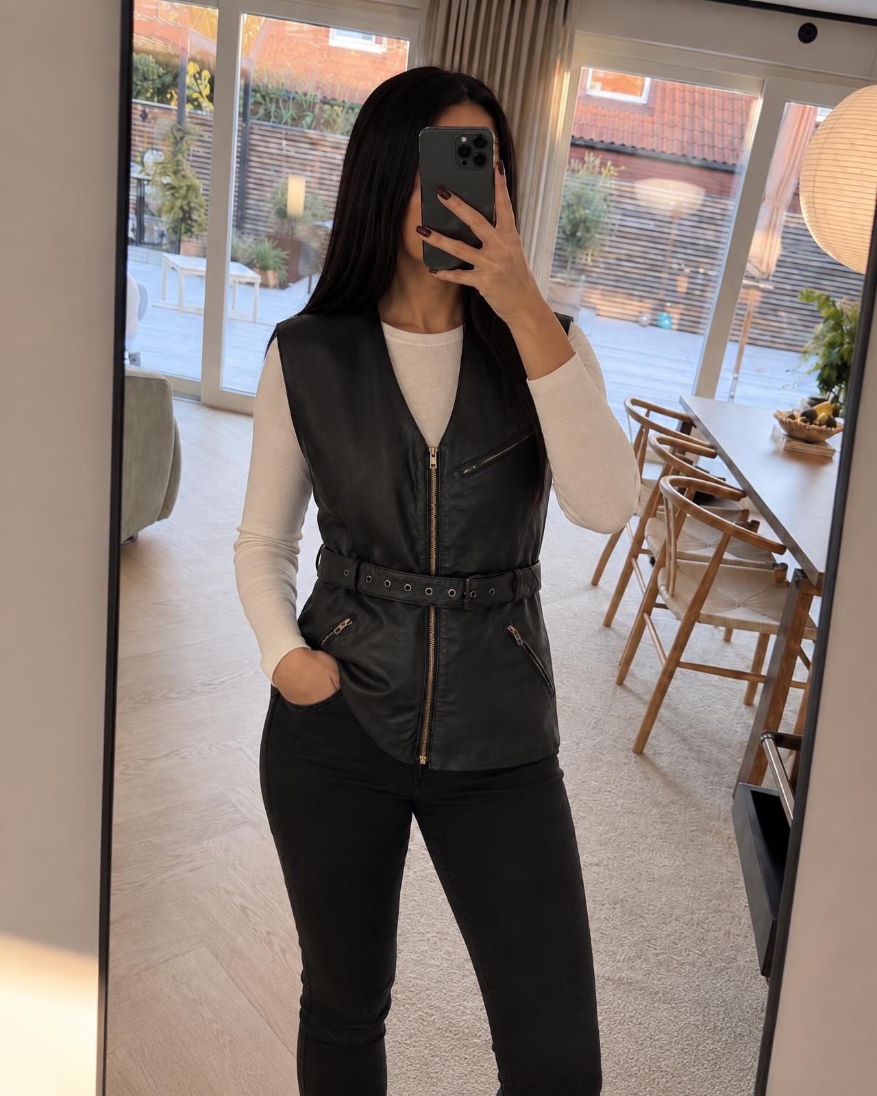 Black Faux Leather Belted Gilet with Zip Pockets