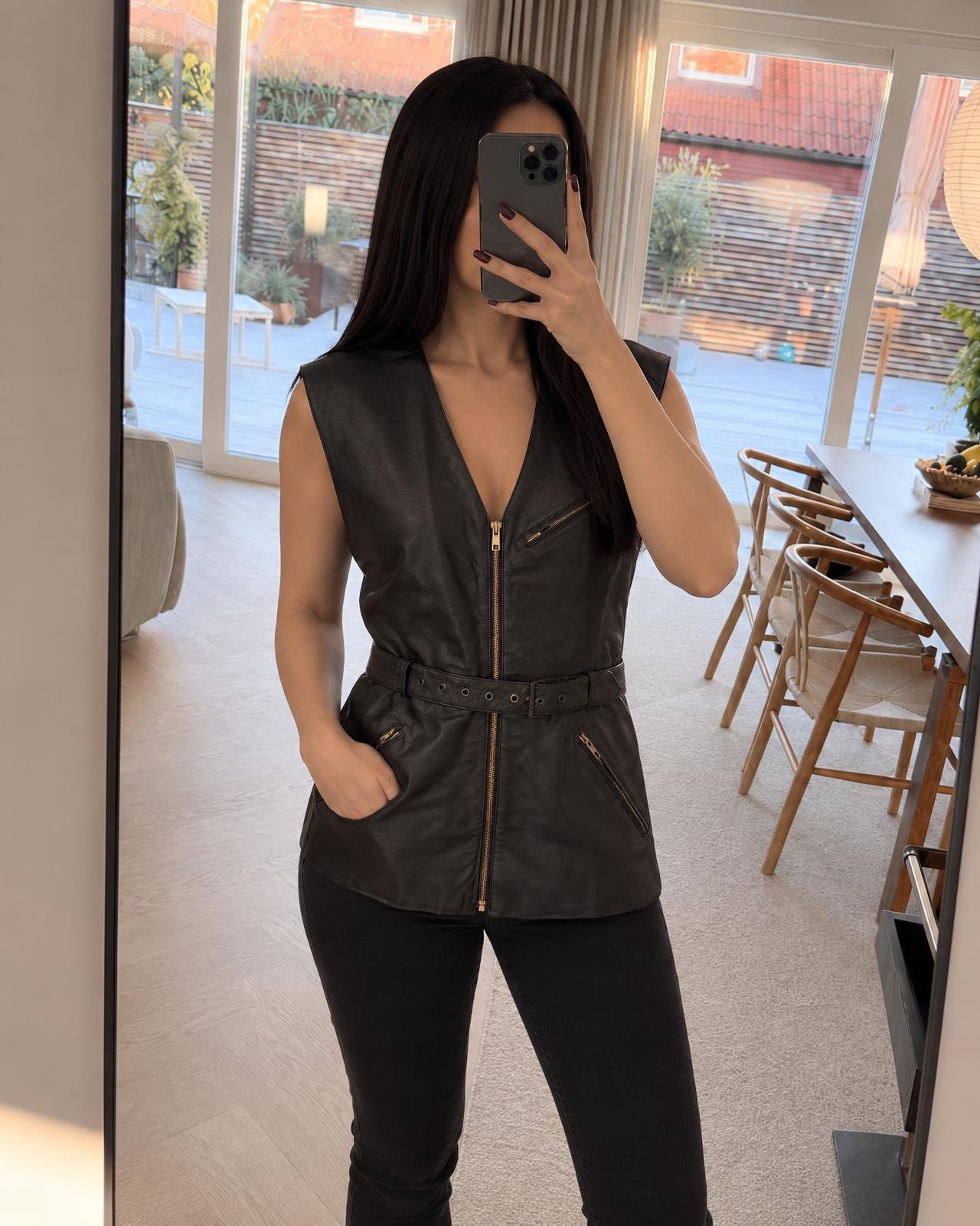 Black Faux Leather Belted Gilet Vest with Zip Front