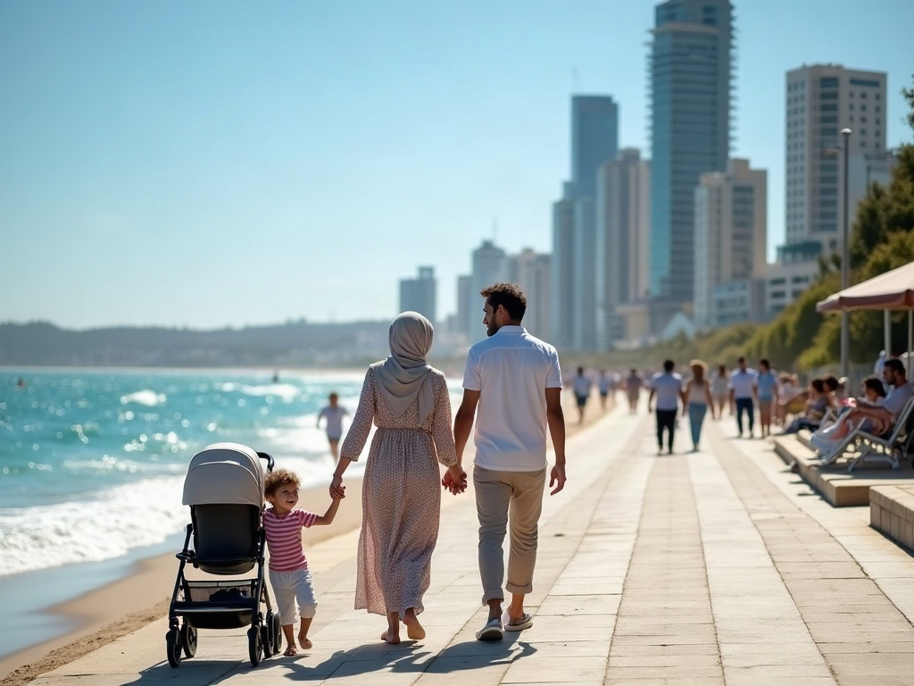 A family pushing a stroller on a blue Mobi-Mat pathway leading to a beach.