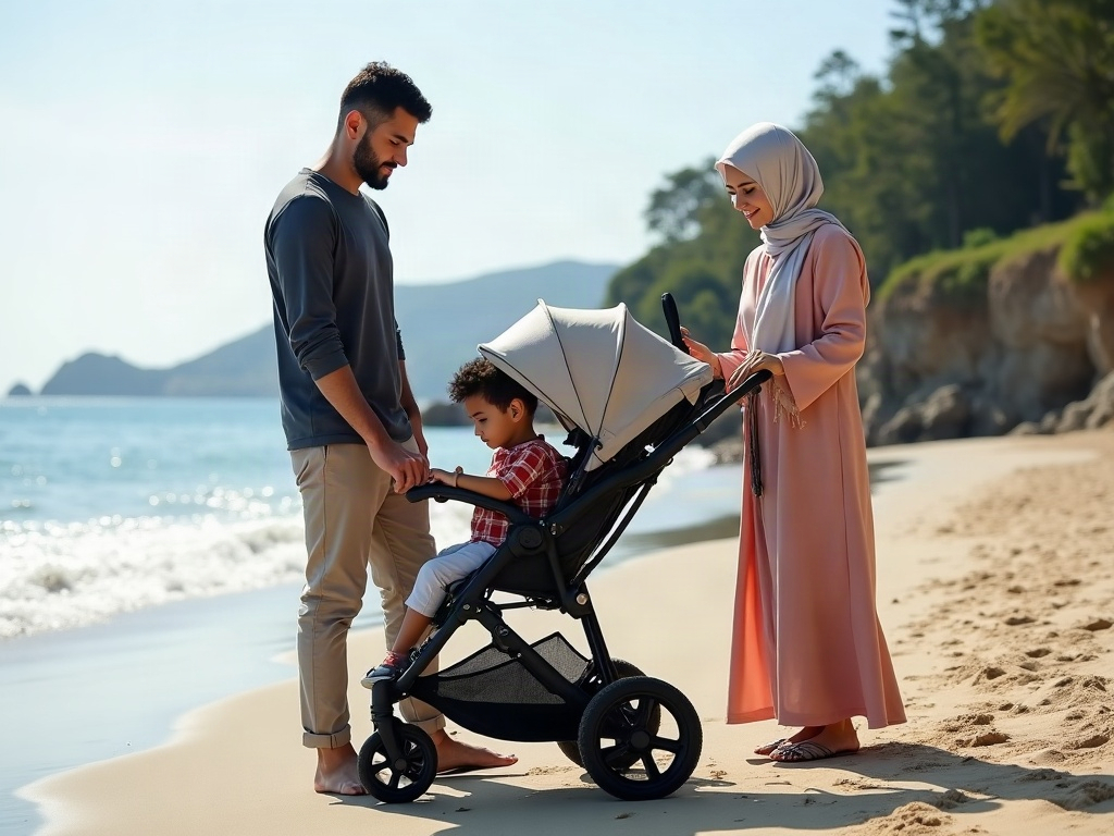 A parent pushing a stroller on a wide, paved boardwalk along a scenic beach, demonstrating ease of access.