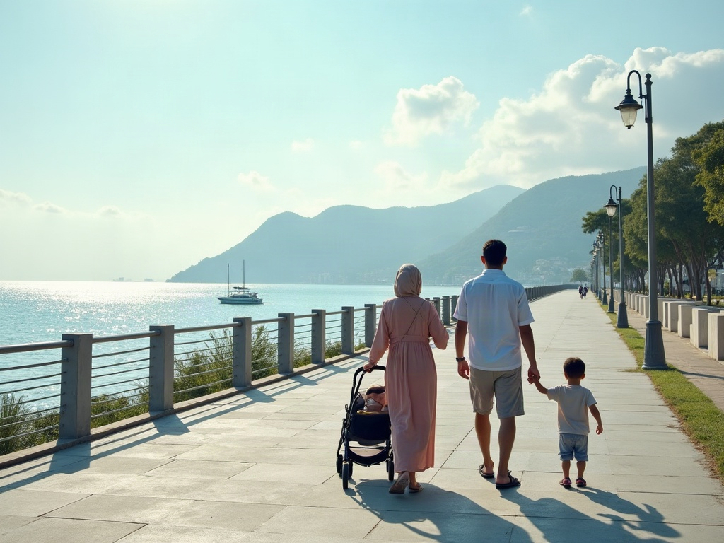 A family on an overcast beach with a stroller, emphasizing preparation for unexpected weather.
