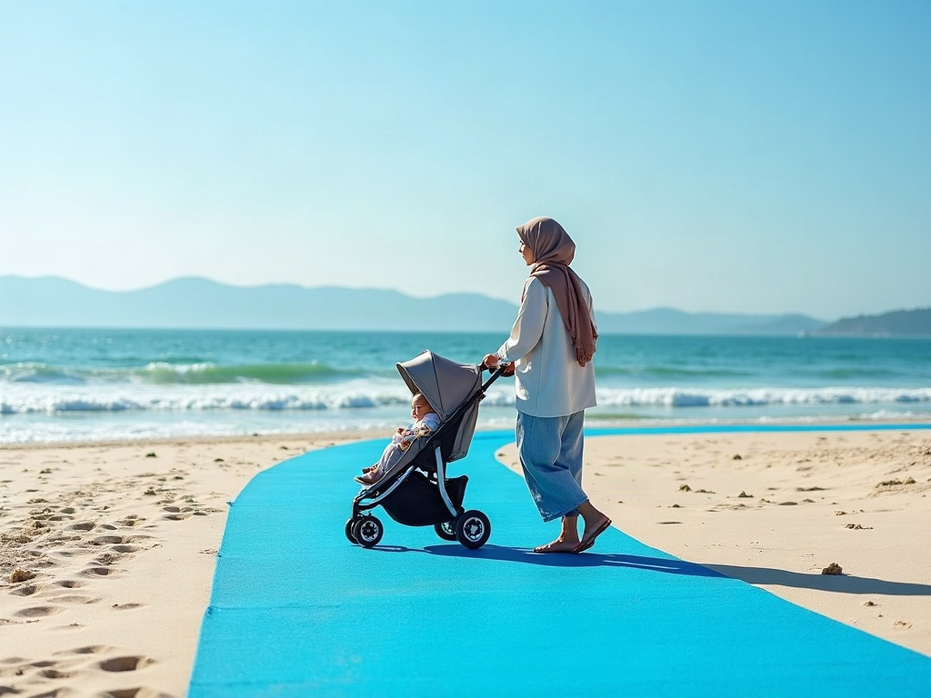 An all-terrain stroller with large, pneumatic tires designed for uneven surfaces like packed sand or trails.