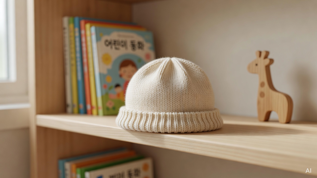 close-up of soft fabric baby hat on a wooden nursery shelf