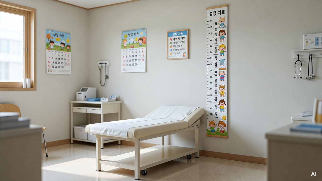 pediatric clinic examination room with small examination table and wall-mounted growth chart