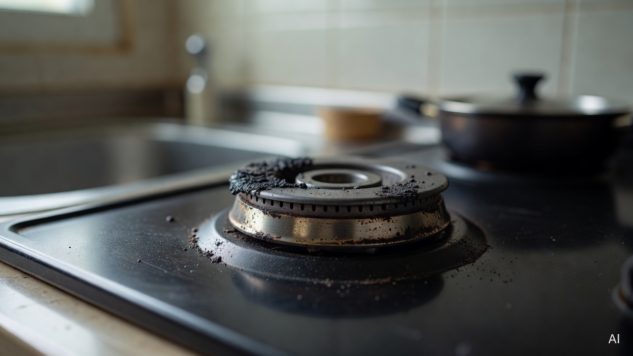 close-up of gas burner head with carbon buildup on black stove surface